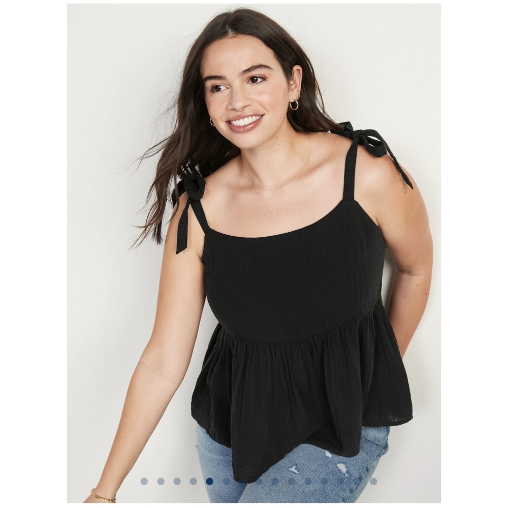 Black Tie-Shoulder Waist-Defined Swing Cami Blouse